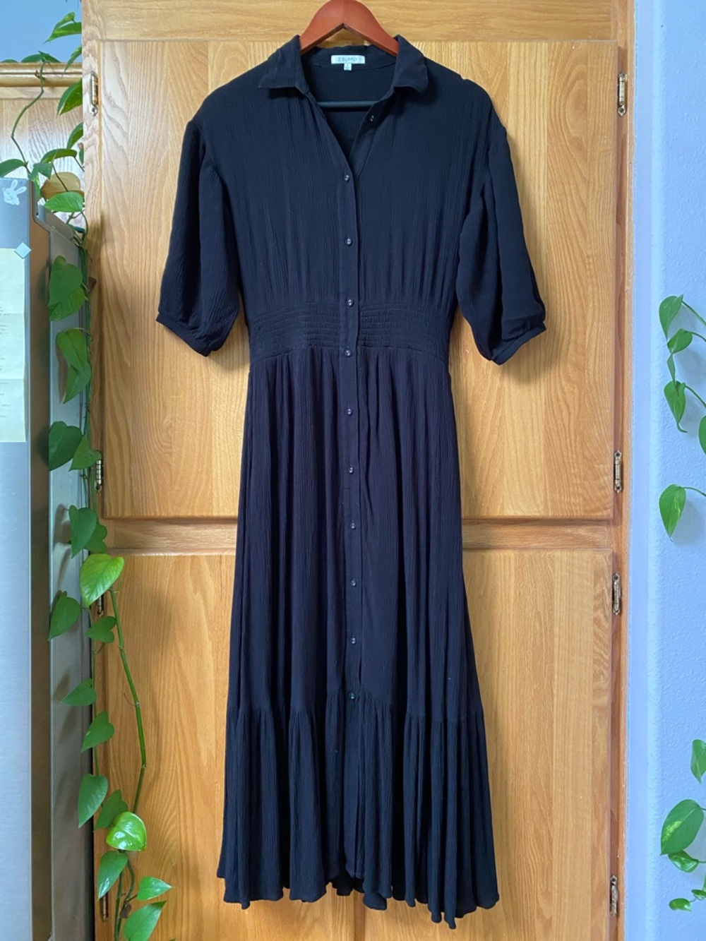 Z Supply Tanya Maxi/Midi Dress black rayon neutral minimalist button-down chic S